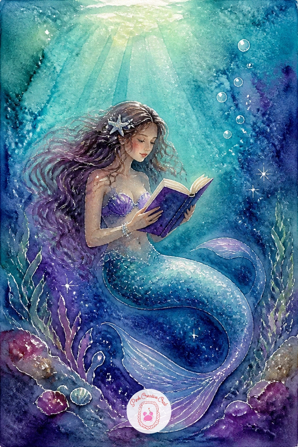 Mermaid Reading Underwater — Give your mermaid a quiet moment with a mermaid reading a book underwater, floating with the pages open in front of her.