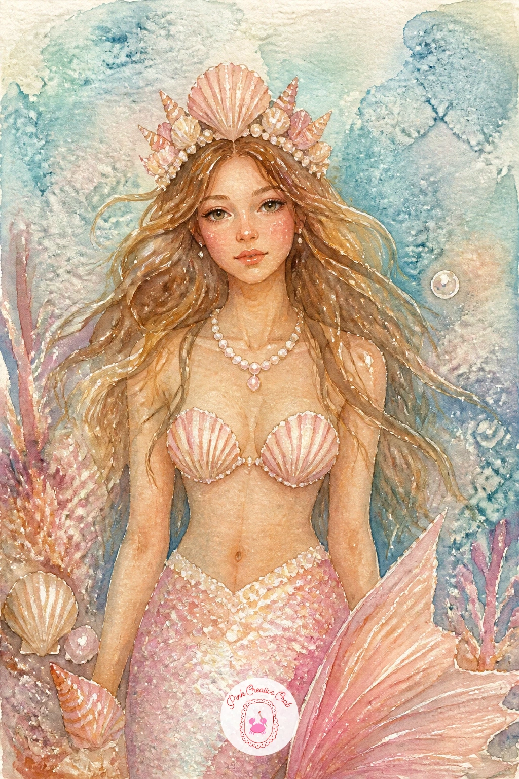 Mermaid With Pearl Necklace and Shell Crown — This one is about ornament more than pose, so keep a mermaid with a pearl necklace and shell crown simple and