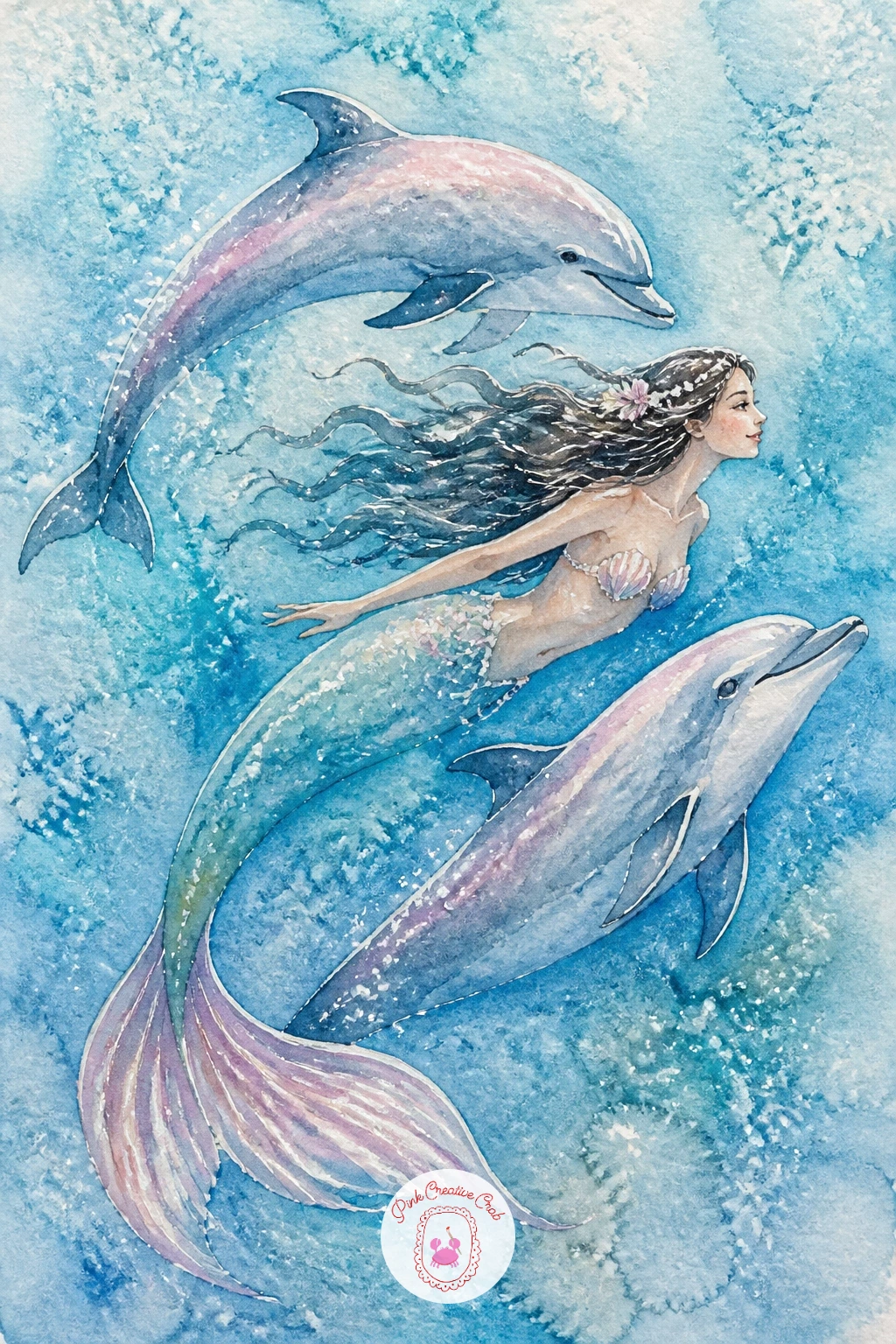 Mermaid Swimming With Dolphins — Add movement with a mermaid swimming with dolphins, her body arched in a long diagonal line beside two curved dolphin shapes.