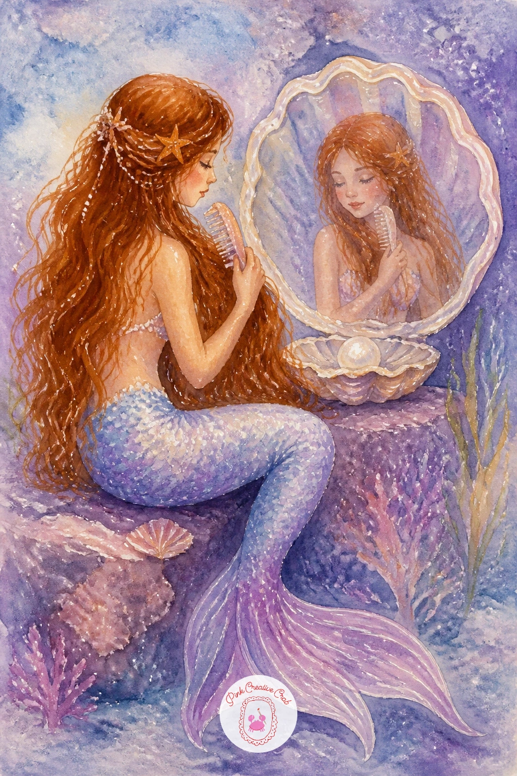 Mermaid Combing Her Hair in a Shell Mirror — Bring in a quiet vanity moment with a mermaid combing her hair in a shell mirror, seated sideways so both her
