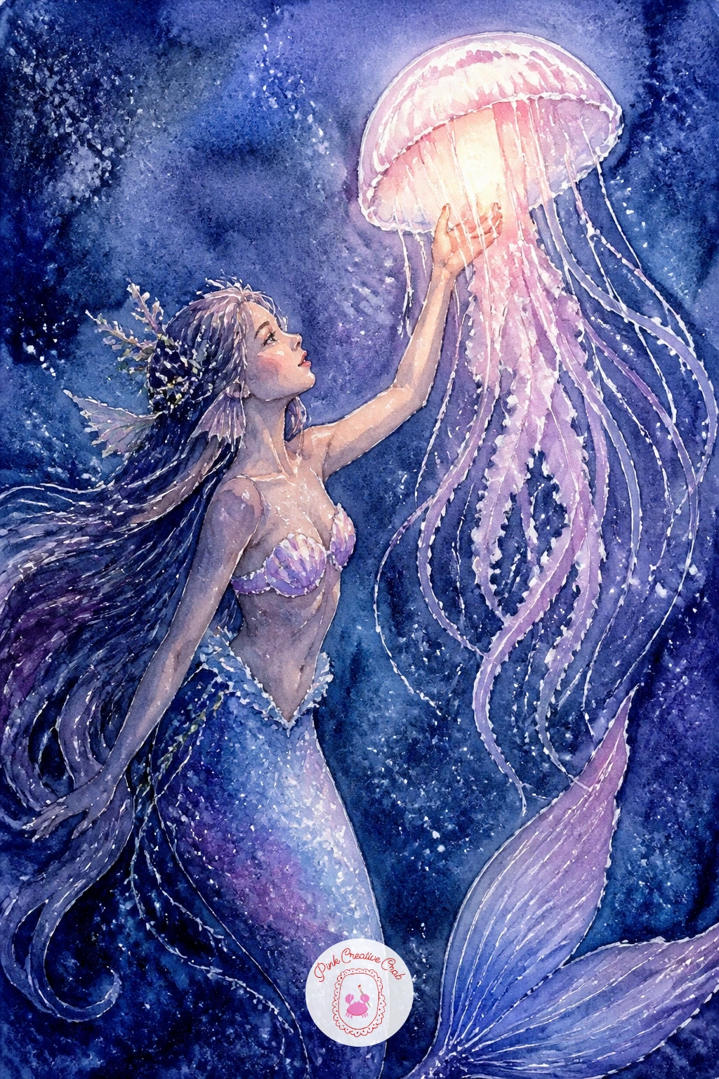 Mermaid Holding a Jellyfish Lantern — Give the page a glow with a mermaid holding a jellyfish lantern, her arm raised with a softly rounded jellyfish shape