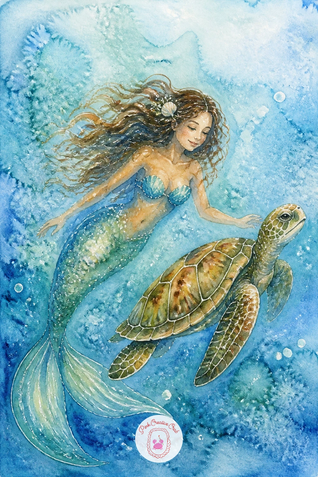 Mermaid and a Sea Turtle — Friendship takes center stage in a mermaid and a sea turtle, swimming side by side at a relaxed, equal pace. Watercolor mermaid