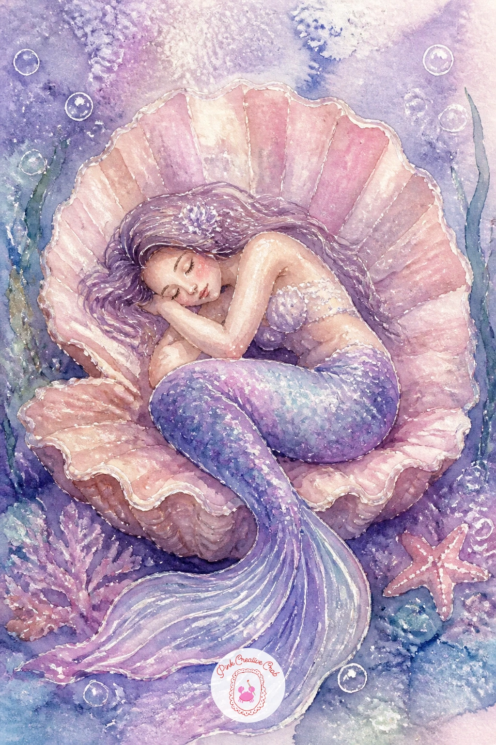 Mermaid Napping in a Giant Shell — Slow the mood down with a mermaid napping in a giant shell, curled up inside its curved hollow like a bed. Watercolor mermaid