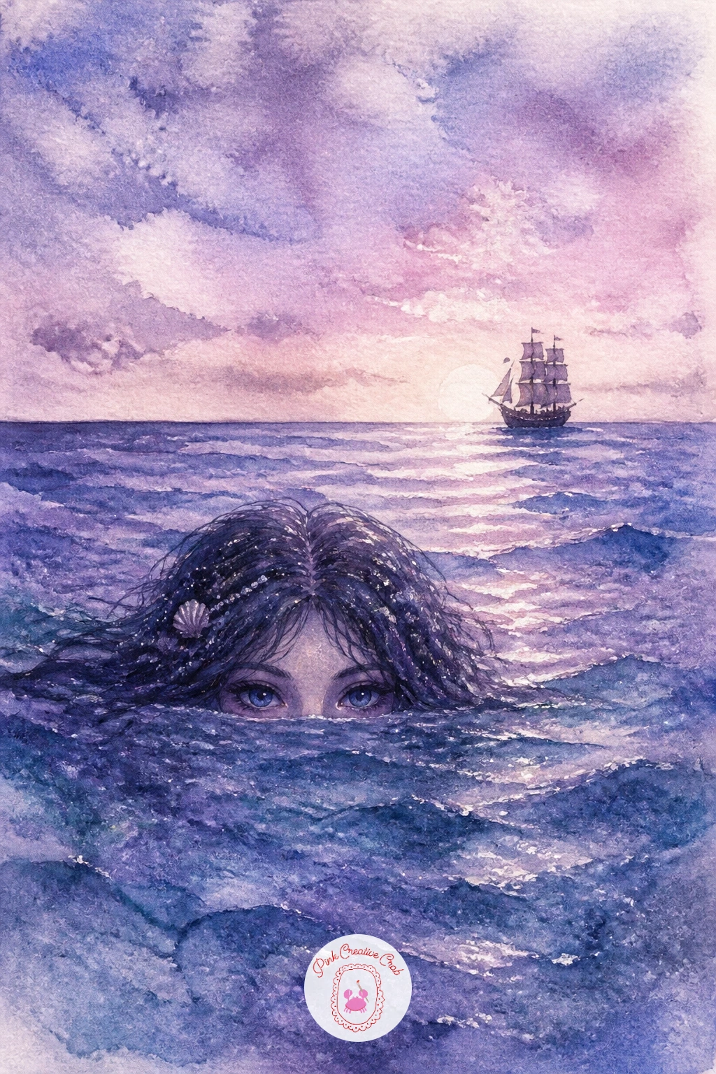 Mermaid Peeking at a Ship — Build in some narrative with a mermaid peeking at a ship, half-hidden behind a wave crest while a small sailing ship passes in the