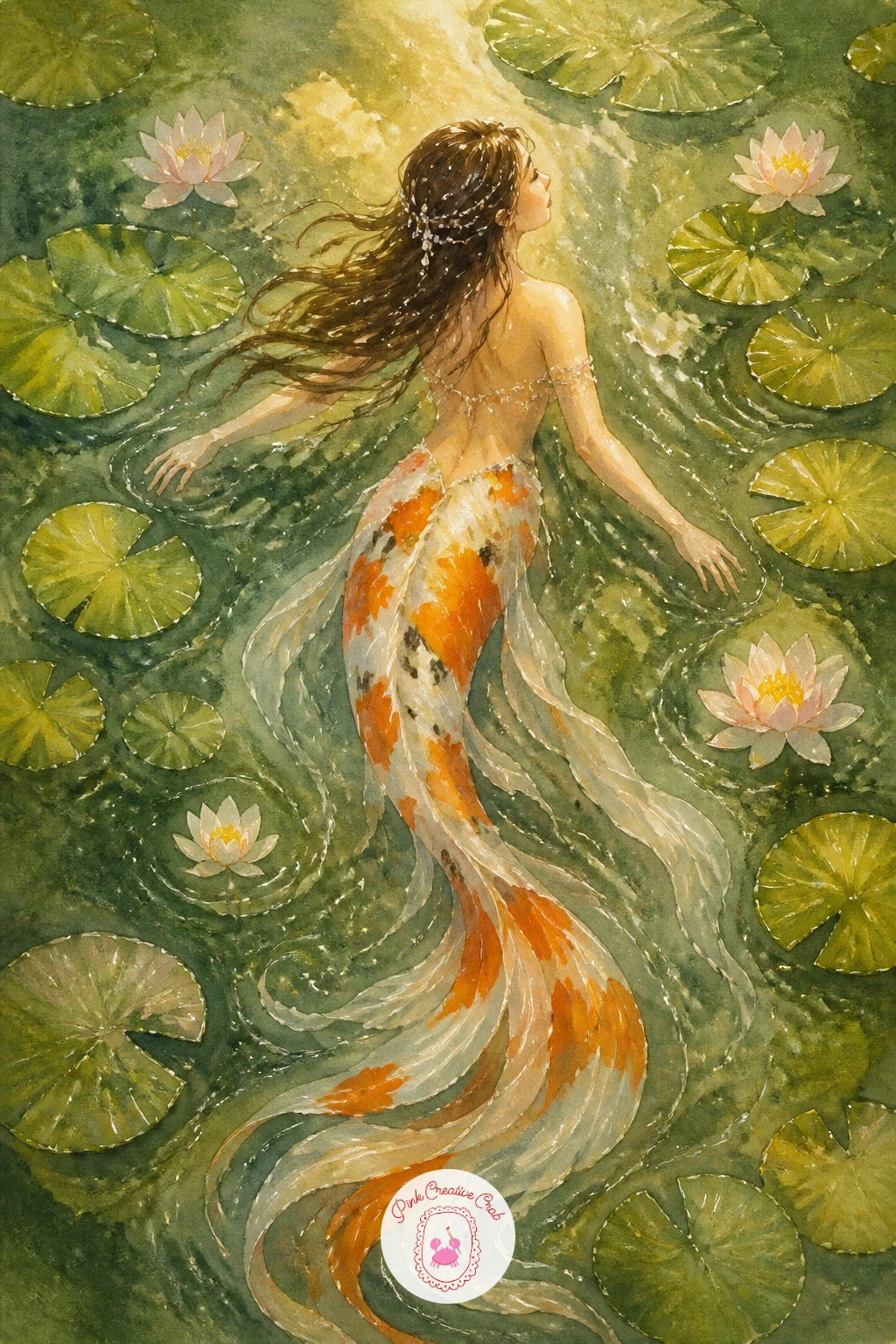 Mermaid With a Koi Tail in a Pond",'content':" Try a different kind of tail with a mermaid with a koi tail in a pond, swimming through lily pads instead of