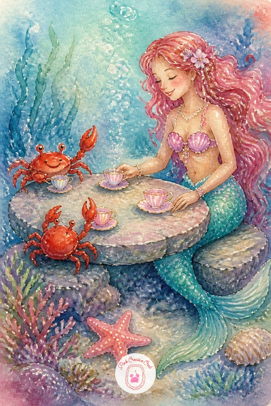 Mermaid Tea Party With Crabs",'content':" Lighten the mood with a mermaid tea party with crabs, seated at a flat rock table with two or three small crabs as
