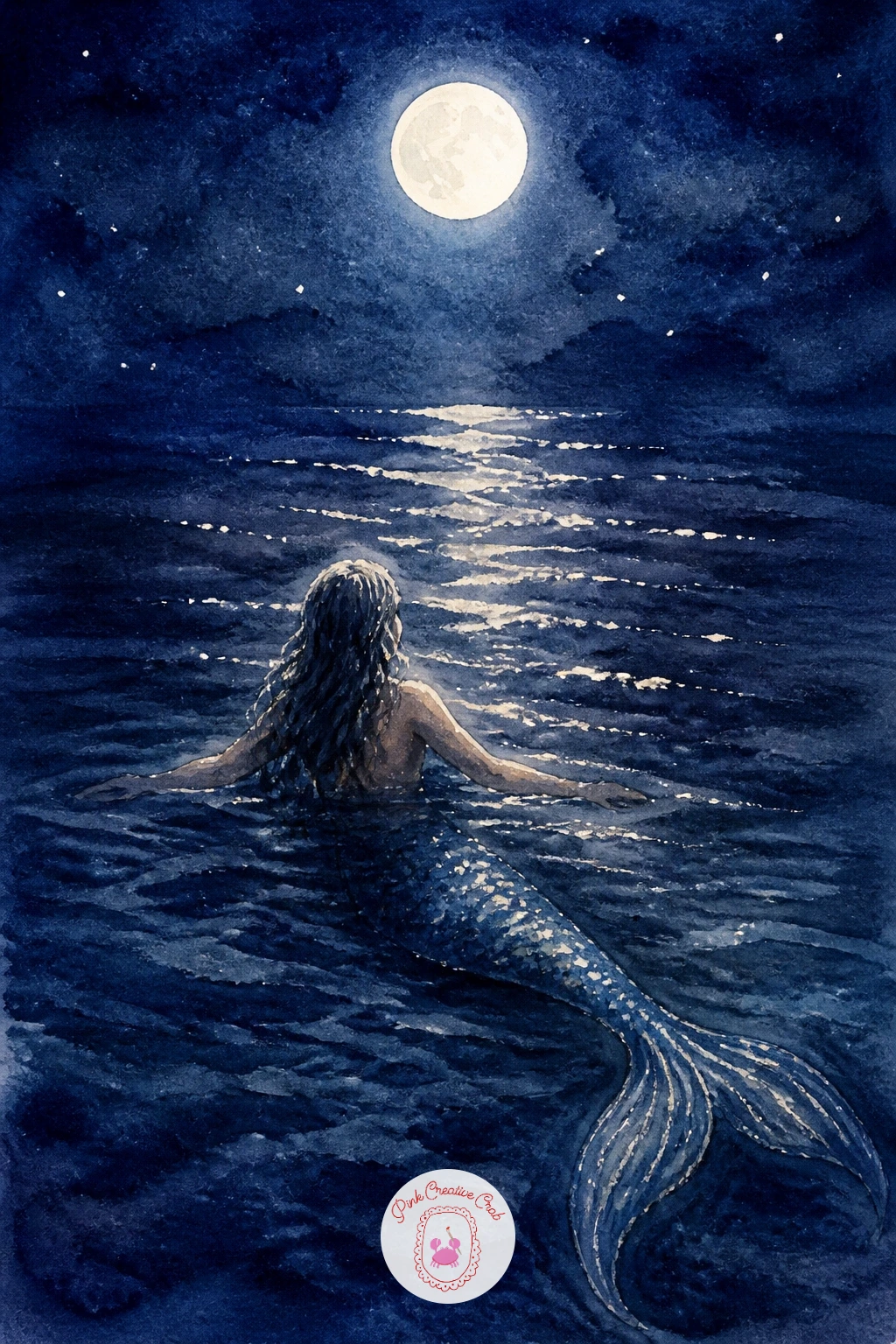 Mermaid Under the Moon",'content':" Shift into nighttime with a mermaid under the moon, floating on the surface with moonlight breaking across the water in a