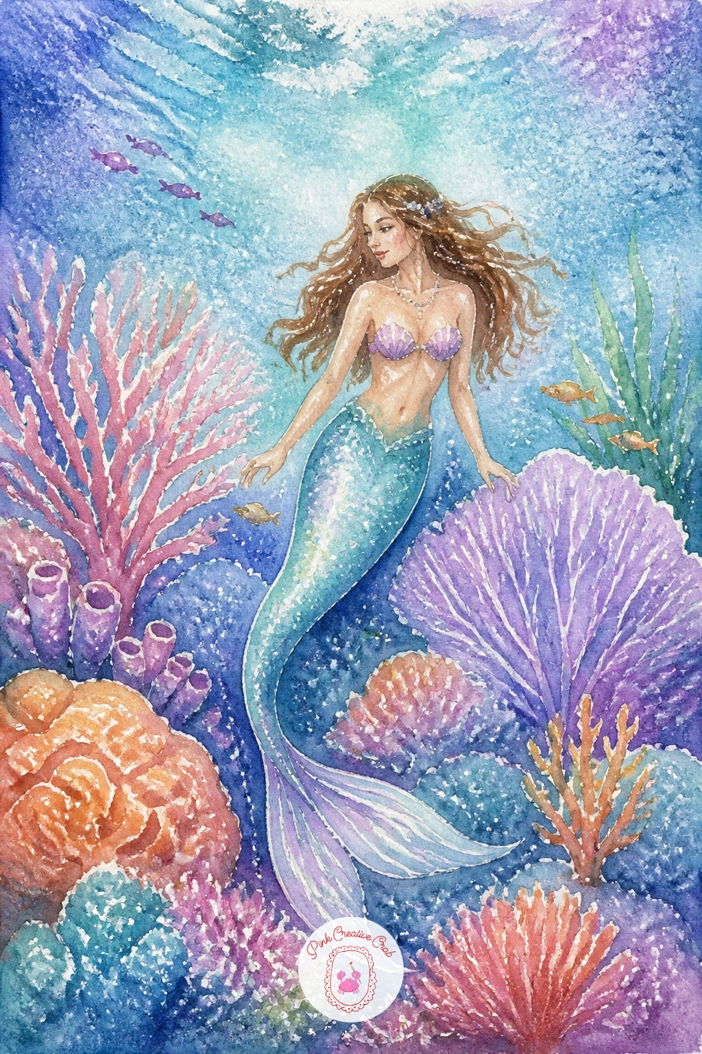 Mermaid in a Coral Garden",'content':" Build a fuller scene with a mermaid in a coral garden, surrounded by several different coral shapes in a loose