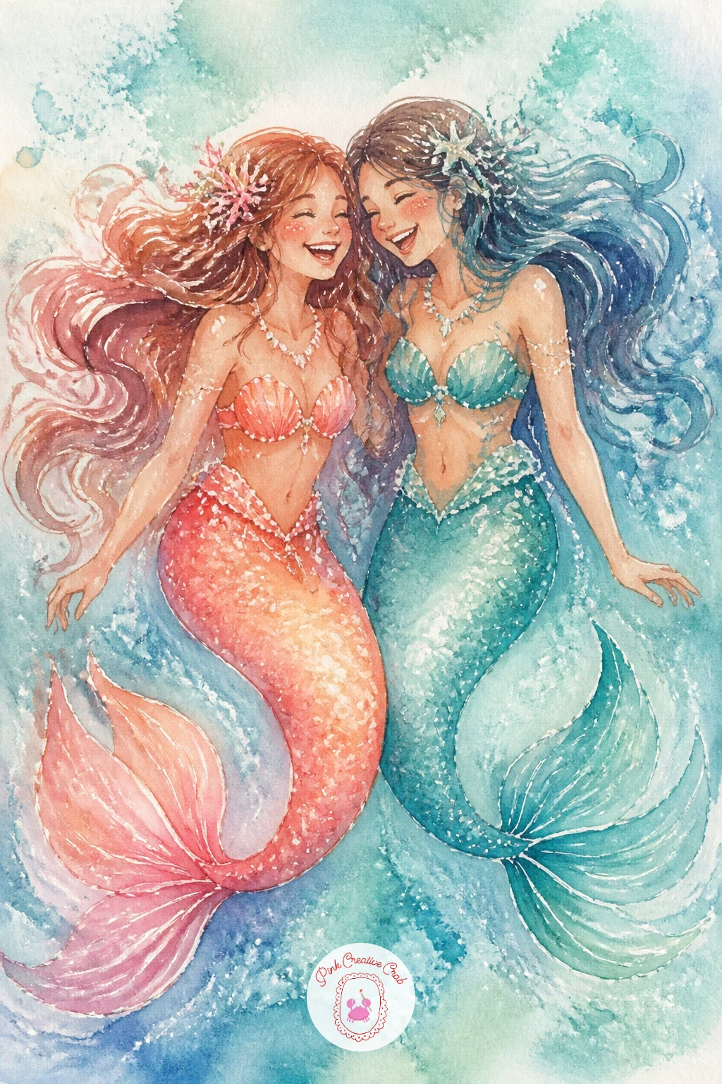 Two Mermaid Friends Laughing",'content':" Bring in some joy with two mermaid friends laughing, heads tilted toward each other mid-laugh with tails curled