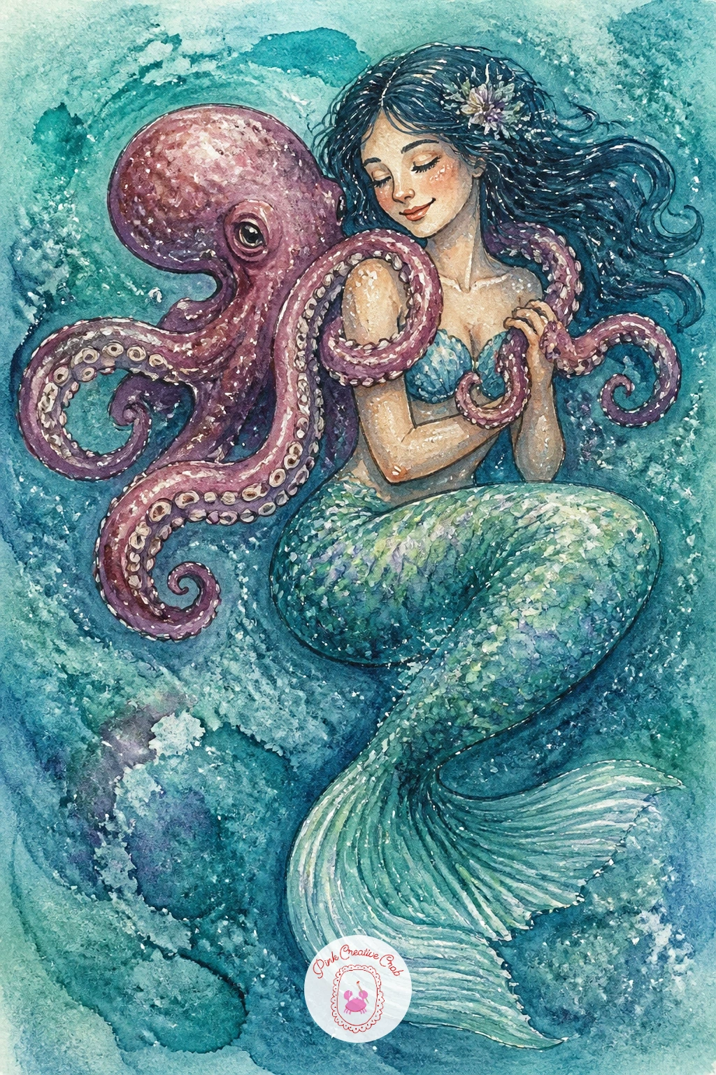 Mermaid With an Octopus Friend",'content':" Add some personality with a mermaid with an octopus friend, its arms curling playfully around her shoulders or