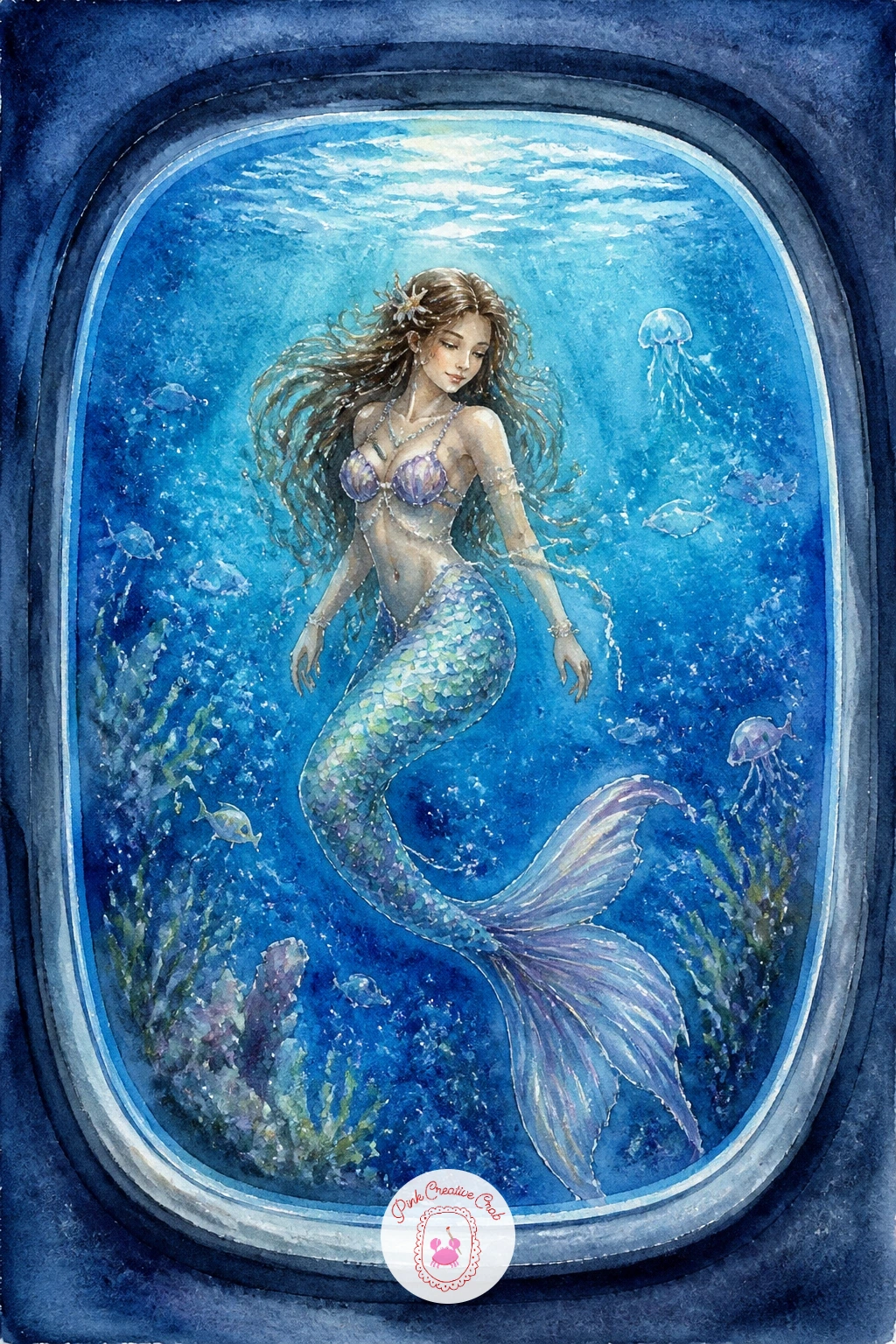 Mermaid in an Aquarium Window",'content':" Change the setting entirely with a mermaid in an aquarium window, viewed as if through a curved pane of thick glass