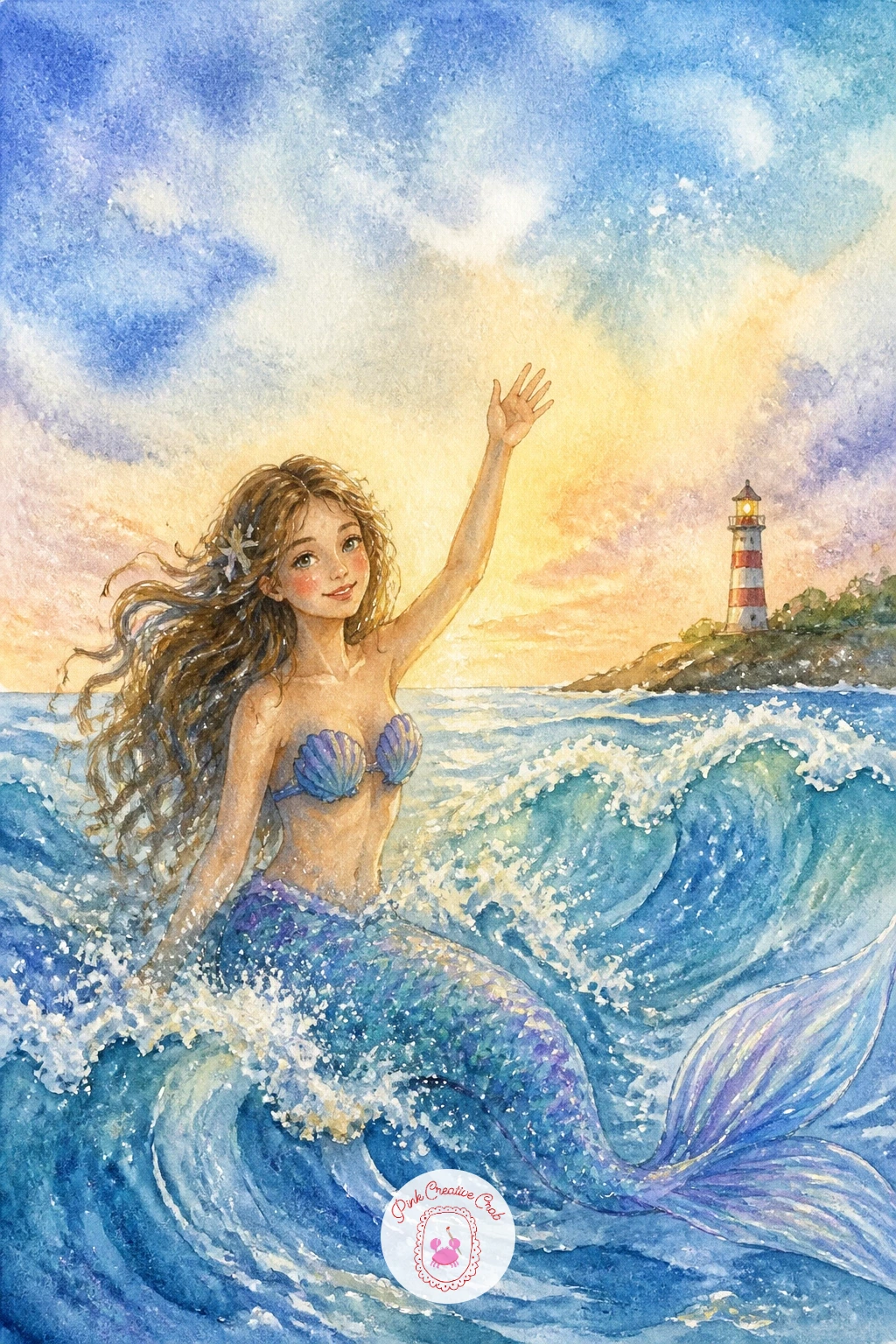 Mermaid Waving From Waves Near a Lighthouse",'content':" For a mermaid waving from waves near a lighthouse, bring the shoreline into the scene with a tall