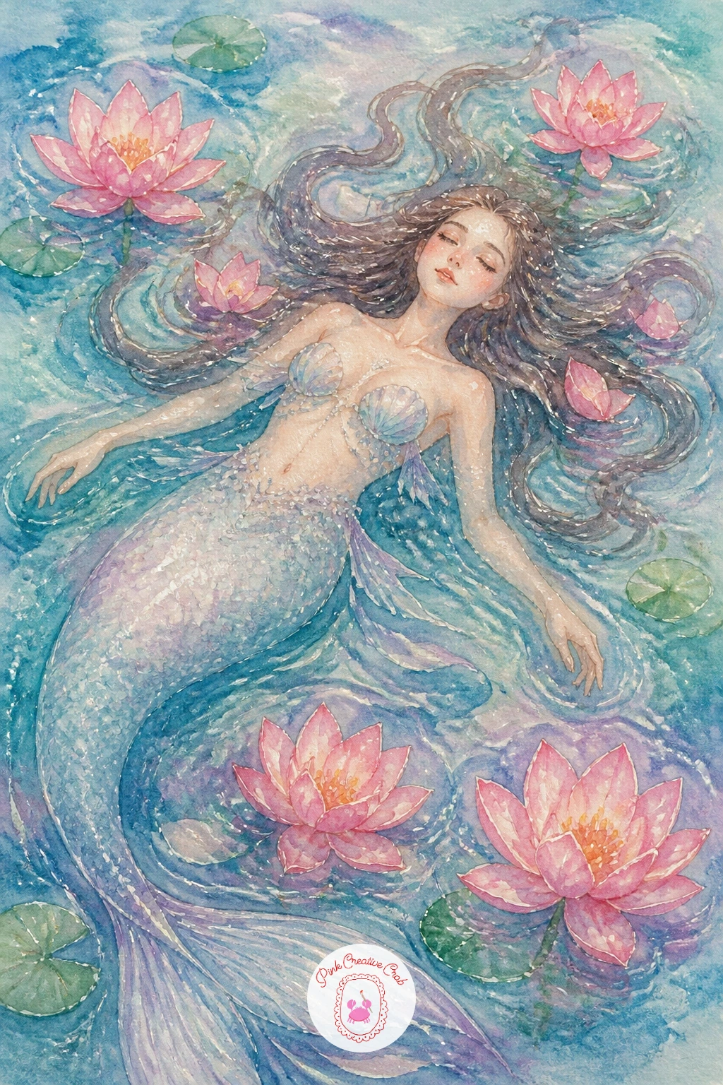 Mermaid Floating With Lotus Flowers",'content':" Soften the mood with a mermaid floating with lotus flowers, drifting on her back among a few open pink blooms