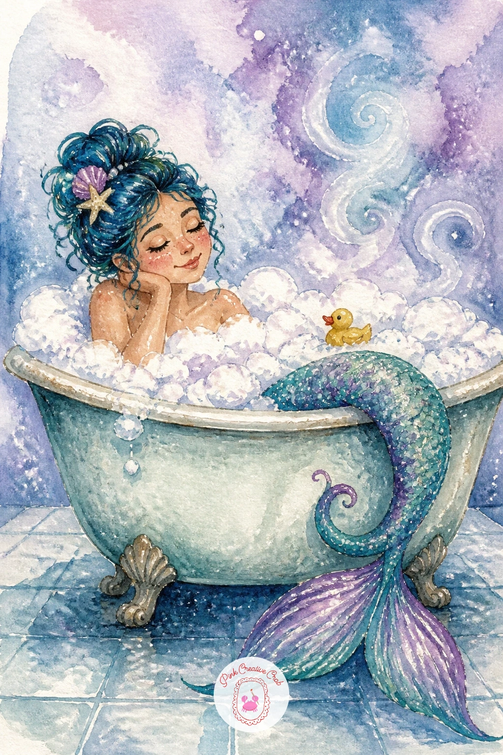 Mermaid in a Bathtub",'content':" Bring in some playful charm with a mermaid in a bathtub, tail curled over the edge of an old claw-foot tub with bubbles piled