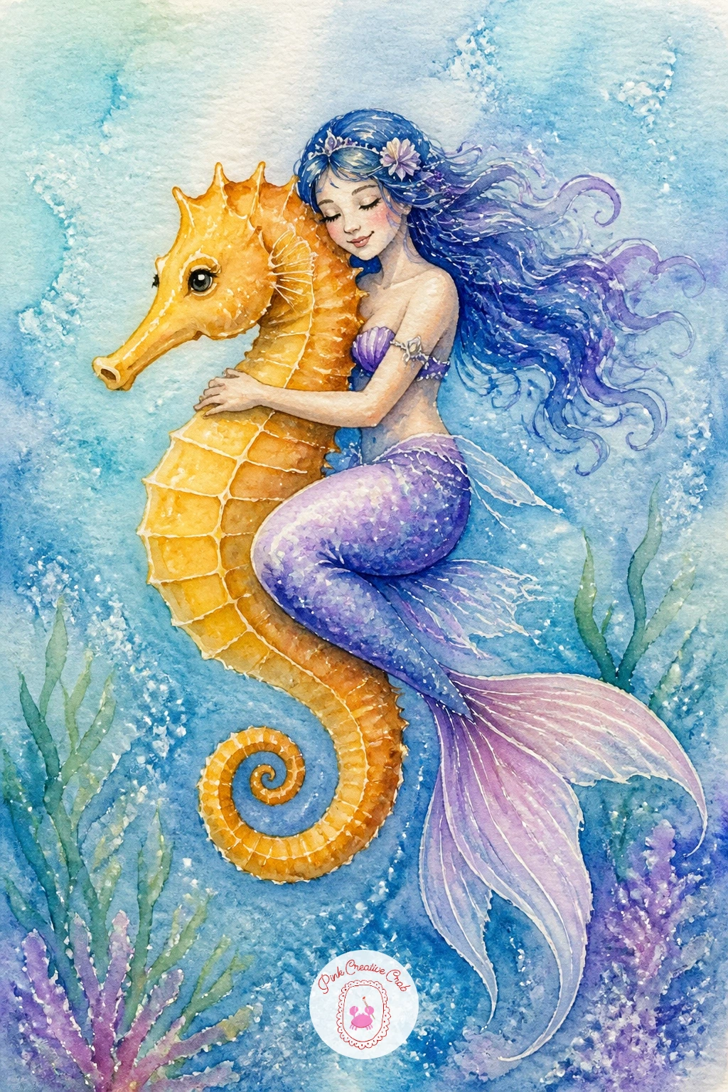 Mermaid Riding a Seahorse",'content':" Pick up the pace with a mermaid riding a seahorse, her arms wrapped around its curved neck as they swim together. Sketch