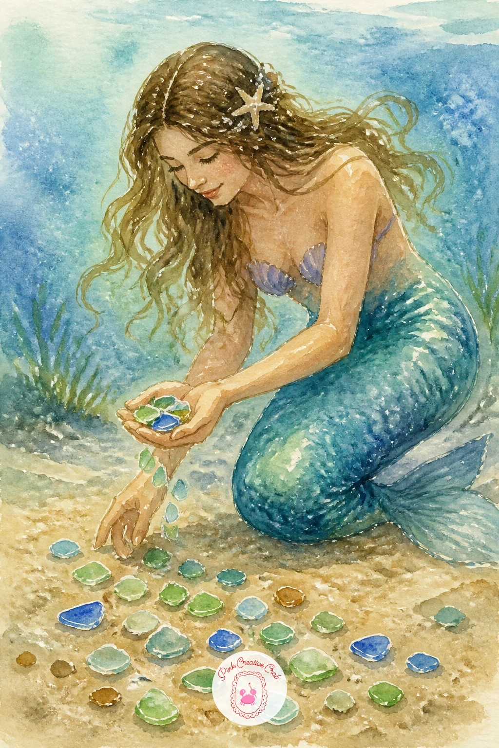 Mermaid Collecting Sea Glass",'content':" Slow down into a quieter moment with a mermaid collecting sea glass, cupping a handful of small colored fragments