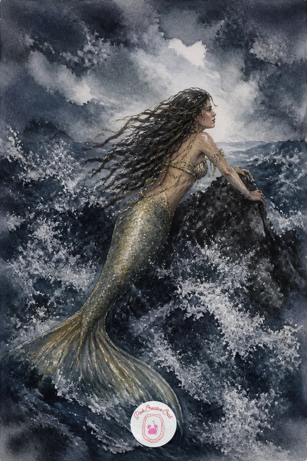 Mermaid in a Storm",'content':" Raise the drama with a mermaid in a storm, braced against dark swelling waves under a churning grey sky. Paint the sky and sea