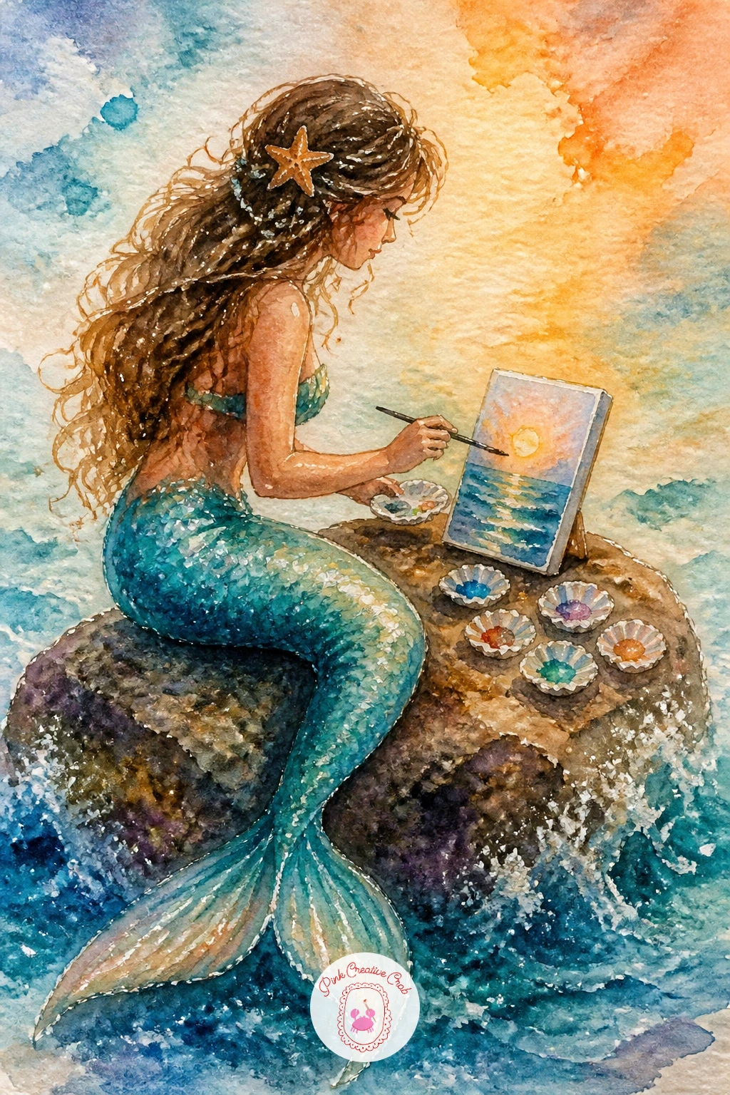 Mermaid Painting on a Rock",'content':" Turn the idea inward with a mermaid painting on a rock, a tiny palette and brush in her hands as she works on a small