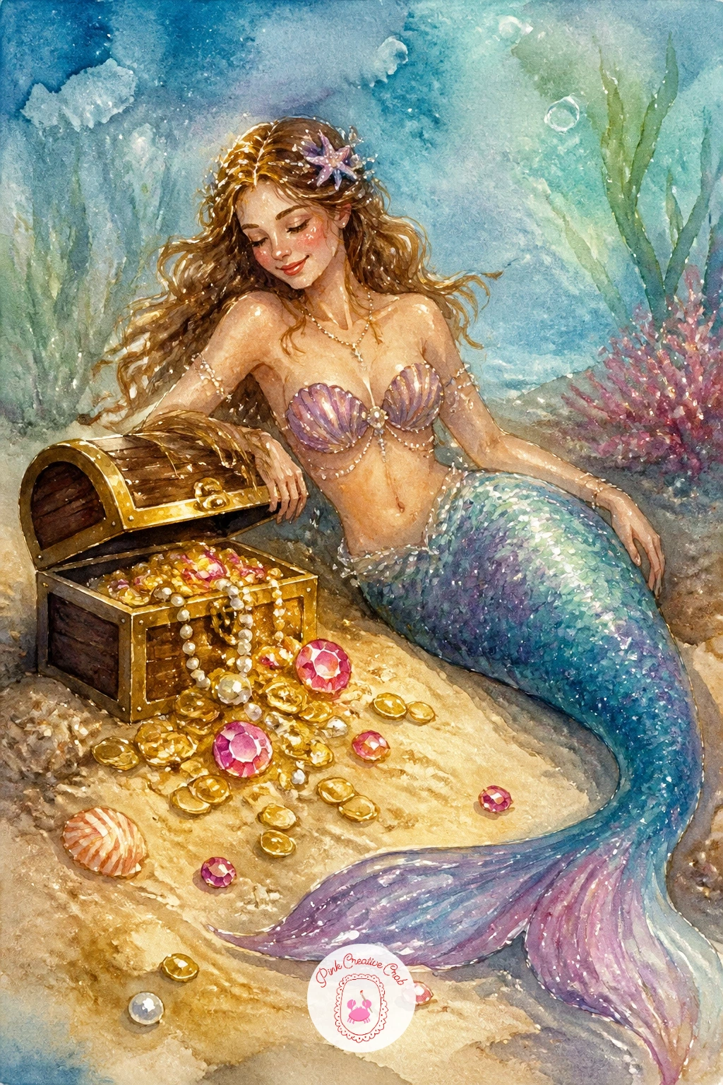 Mermaid With a Treasure Chest",'content':" Close the set with a mermaid with a treasure chest, propped open beside her with coins and jewels spilling across