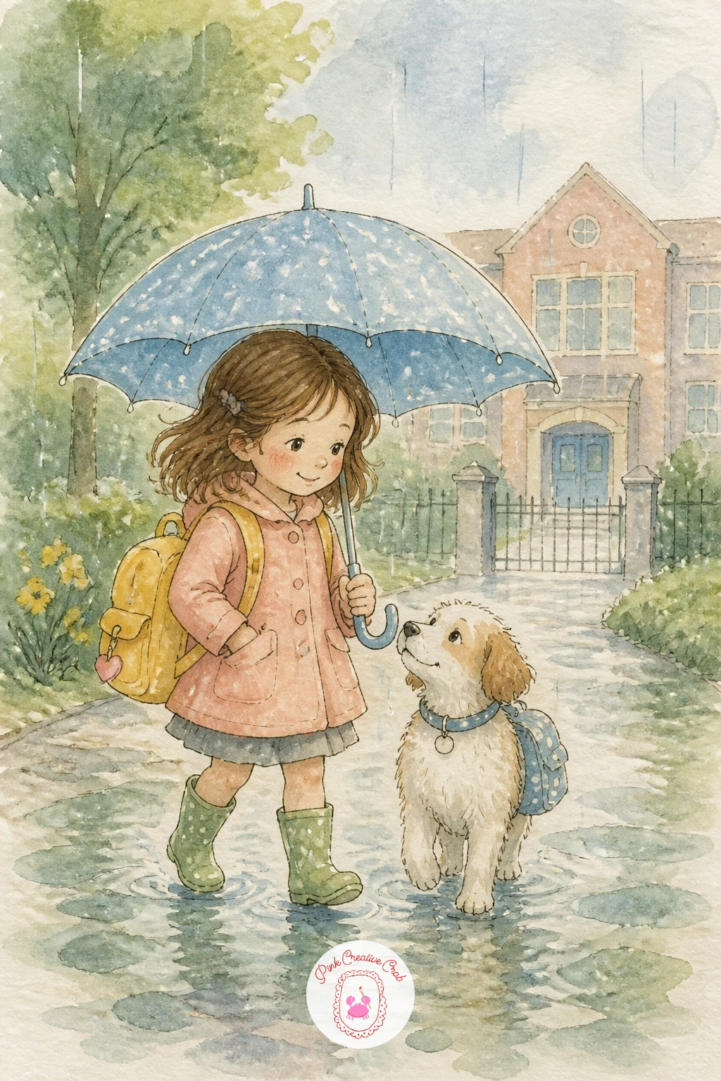 Girl And Dog Walking To School In Rain — Start with the easiest scene in the set: a girl and her dog walking to school in the rain. Watercolor illustration