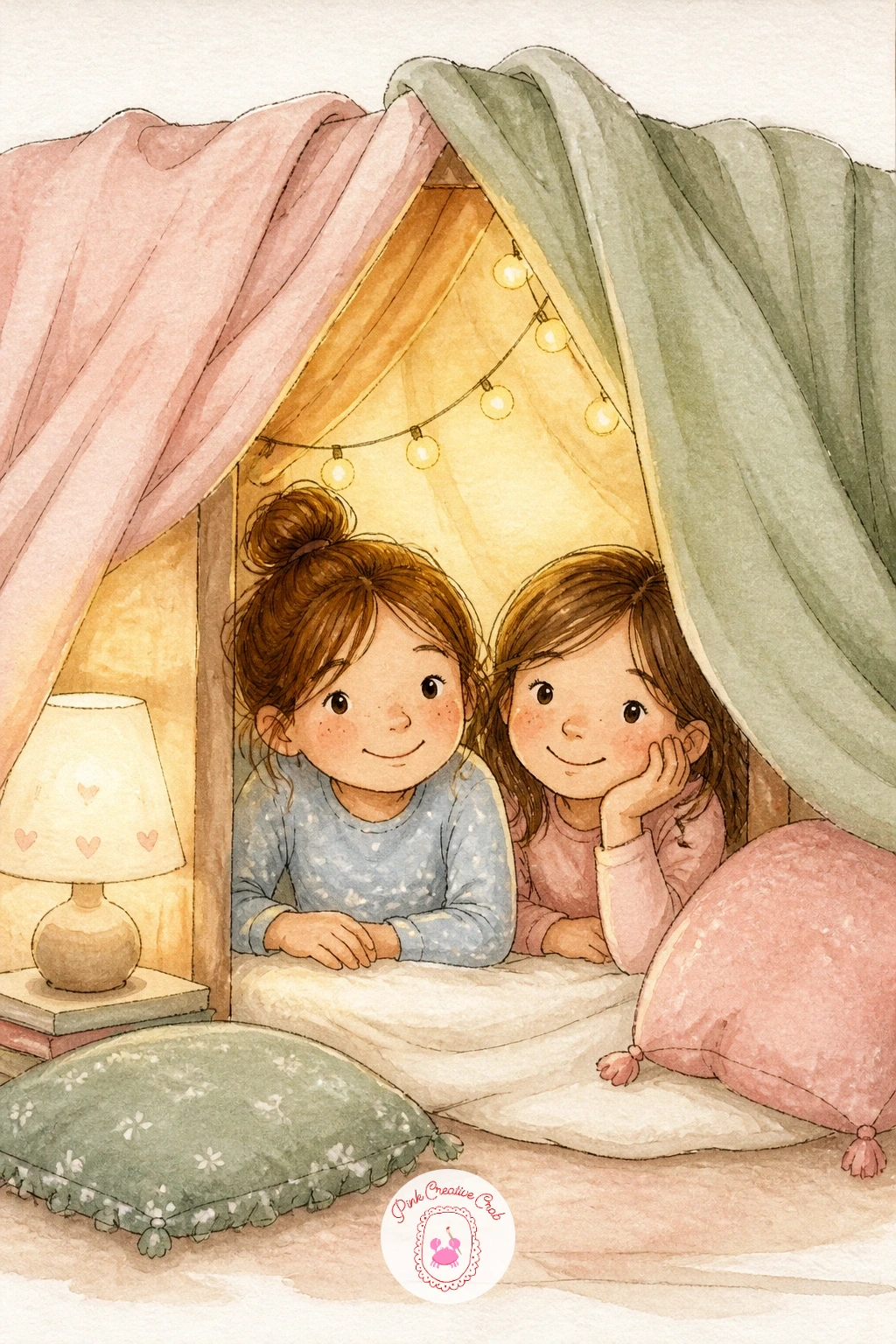 Two Sisters Building A Blanket Fort — Bring the scene indoors with two sisters building a blanket fort, a cozy interior that works well as nursery art.