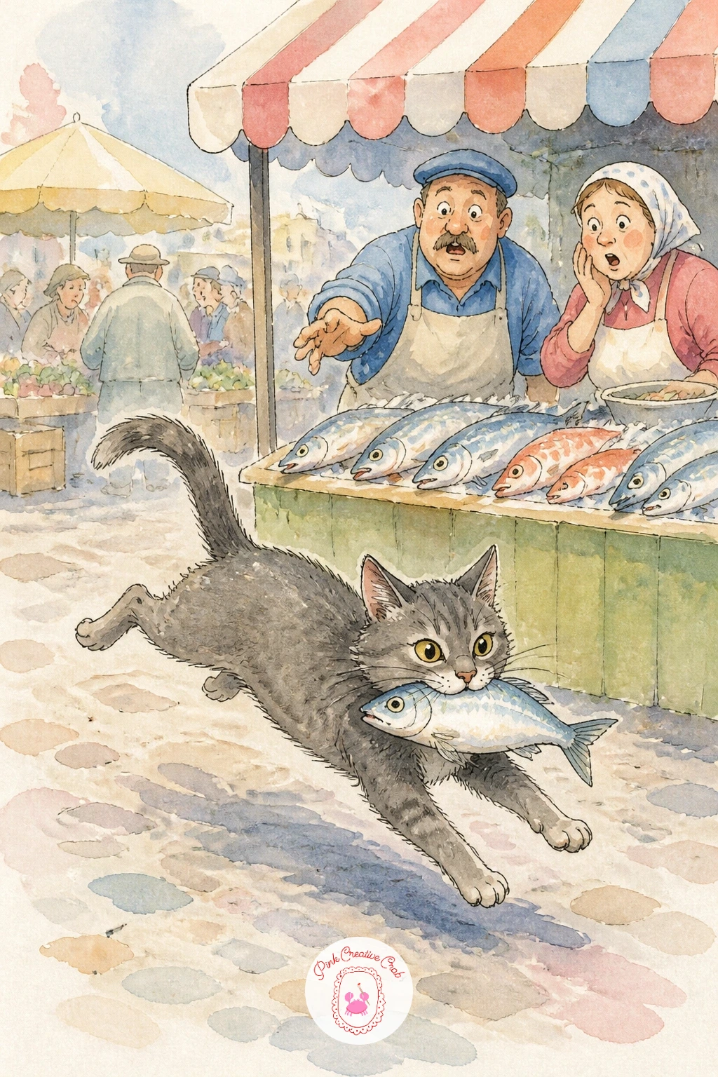 Cat Stealing Fish At A Market — Add a little mischief with a cat stealing fish at a market, a scene with more going on but still built from a few simple