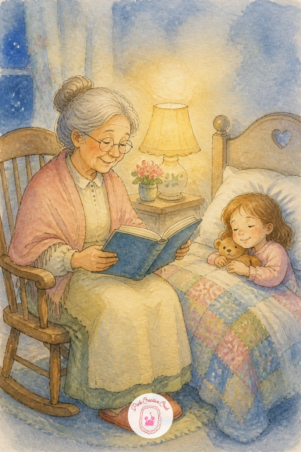 Grandmother Reading A Bedtime Story — Settle into a quieter mood with a grandmother reading a bedtime story, a close two-figure scene that rewards a soft light