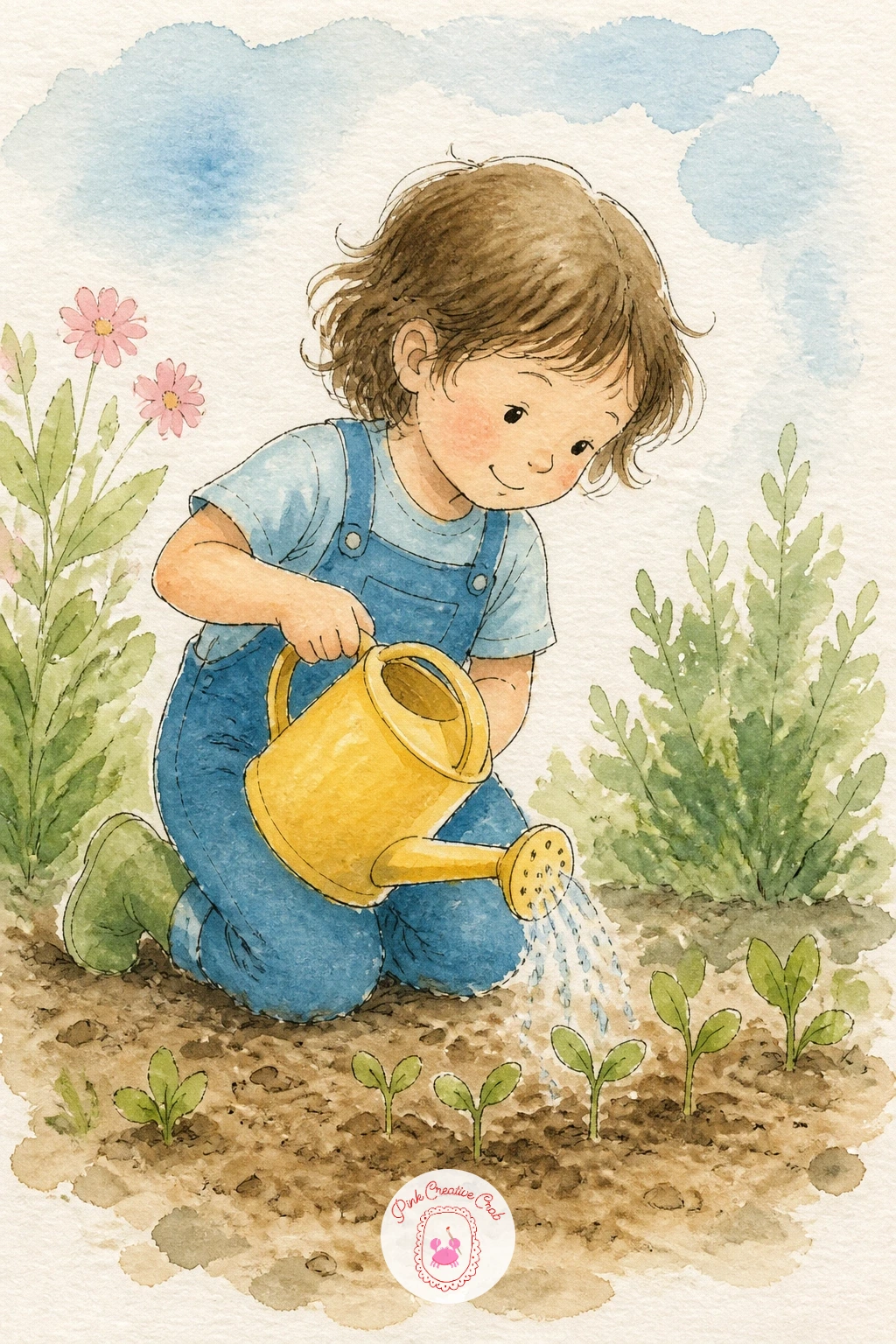 Child Planting Seeds With A Watering Can — Step outside for a child planting seeds with a watering can, a bright and simple spring scene. Watercolor