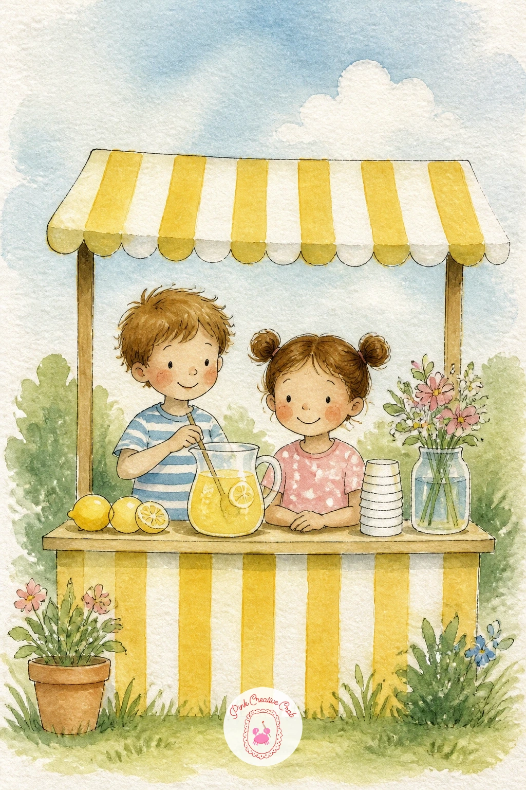 Kids Having A Lemonade Stand — Pick up the pace with kids having a lemonade stand, a cheerful scene built around one bright focal color. Watercolor illustration