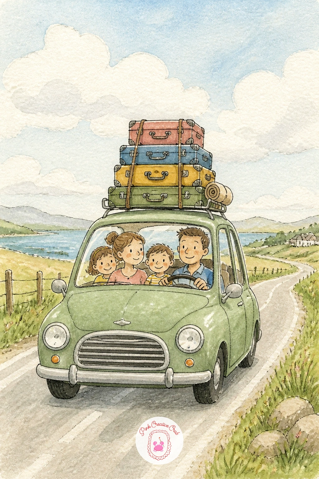 Family Road Trip With Suitcases On The Roof — Zoom out for a family road trip with suitcases on the roof, a scene with more shapes to juggle but still simple