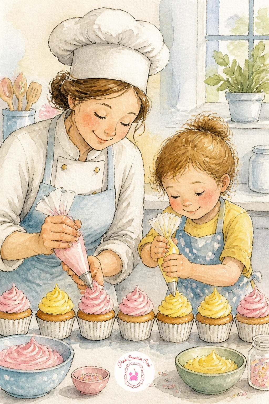 Baker And A Child Decorating Cupcakes — Warm things up with a baker and a child decorating cupcakes, a kitchen scene that leans on good texture work for the