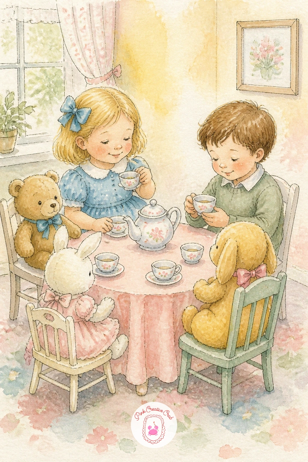 Children At A Tea Party With Toys — Gather everyone round for children at a tea party with toys, a scene full of small props arranged around a low table.
