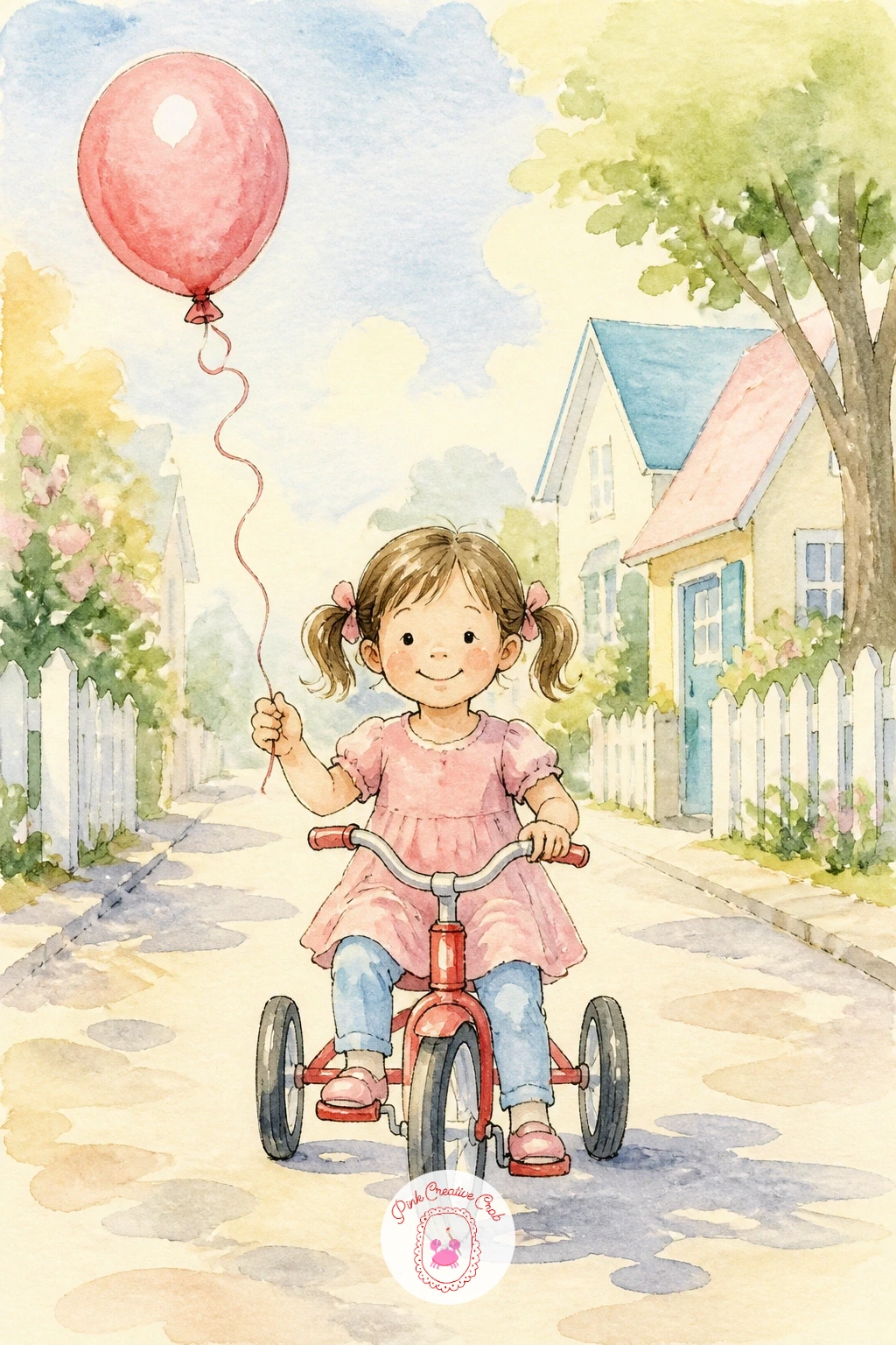 Girl Riding A Tricycle With A Balloon — Pick the pace back up with a girl riding a tricycle with a balloon, a cheerful street scene built from circles.