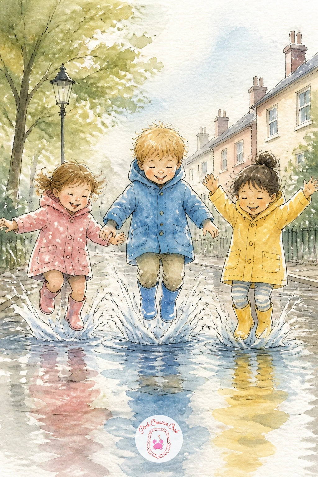 Friends Jumping In Puddles — Keep the energy going with friends jumping in puddles, a scene that lives or dies on how the splash looks. Watercolor illustration