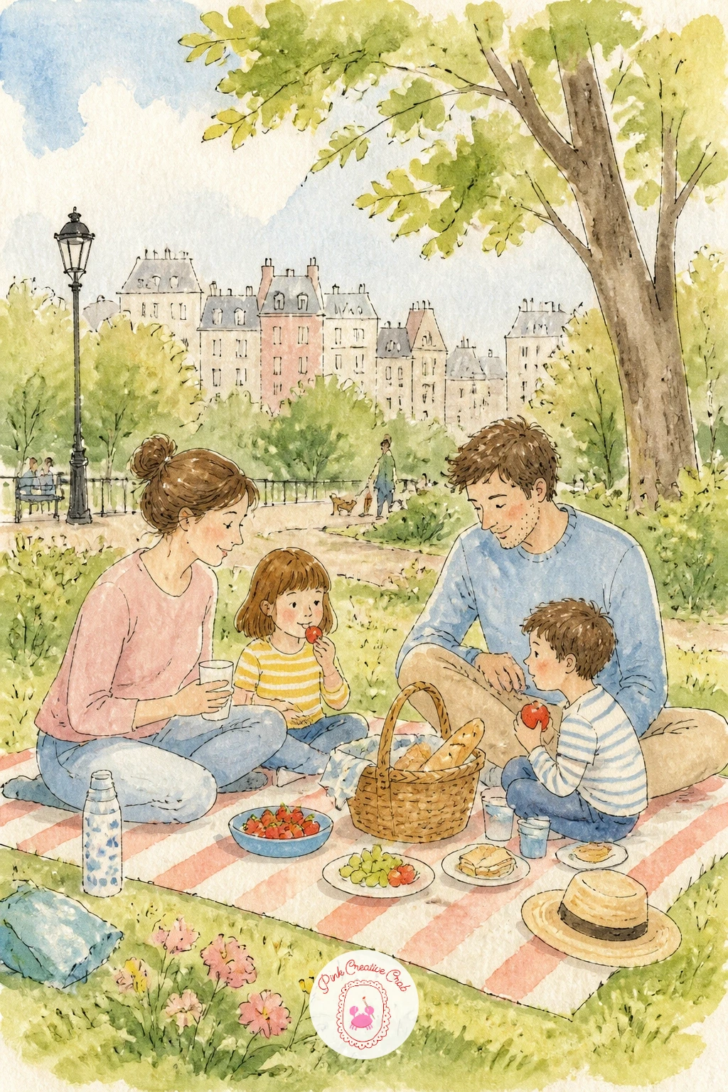 Family Picnic In A City Park — Settle down for a family picnic in a city park, a scene with several small elements working together under one calm eye level.