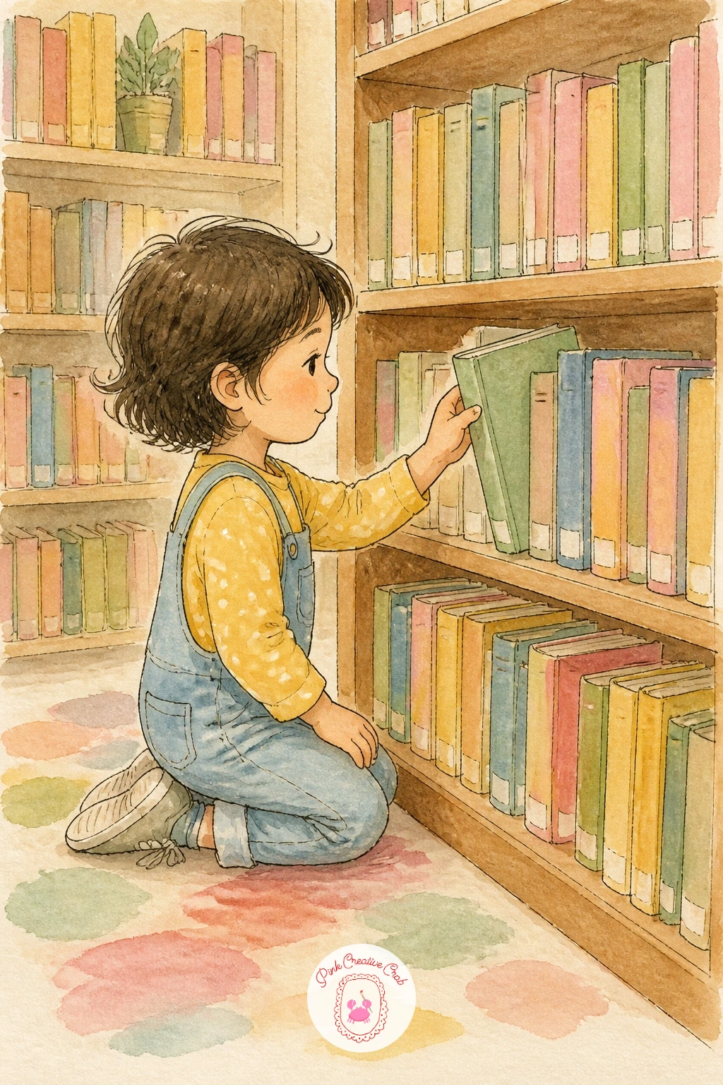 Child At The Library Choosing Books — Move indoors for a child at the library choosing books, a quieter scene built around a wall of shelves. Watercolor