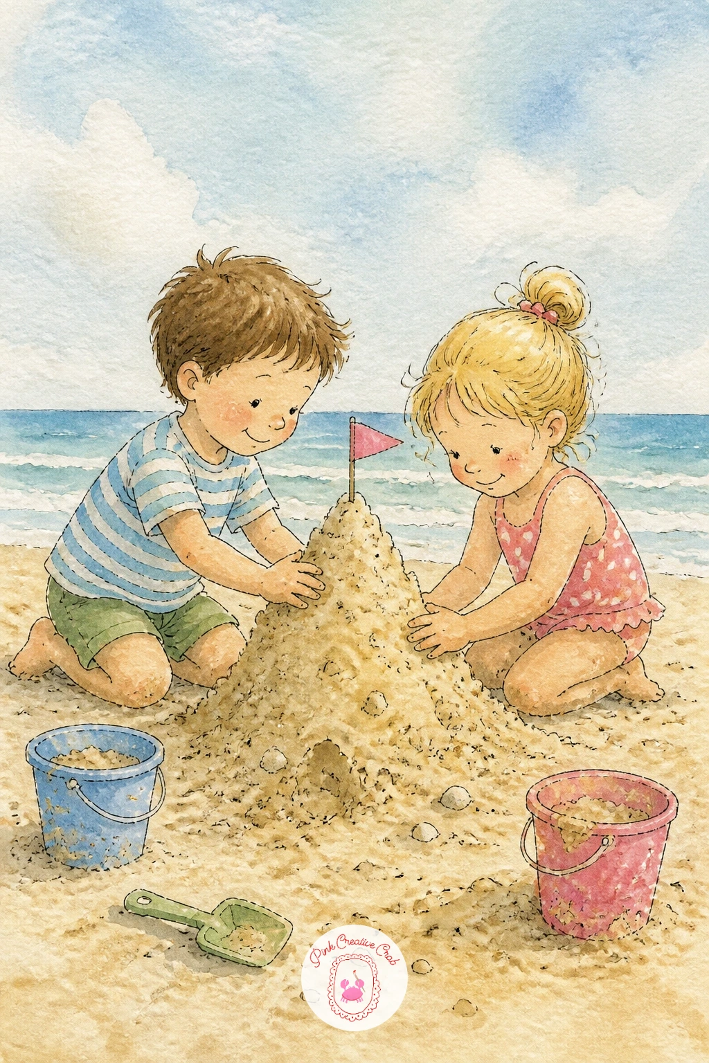 Kids Building A Sandcastle — Head to the beach for kids building a sandcastle, a scene with a satisfying bit of dry brush texture for the sand. Watercolor