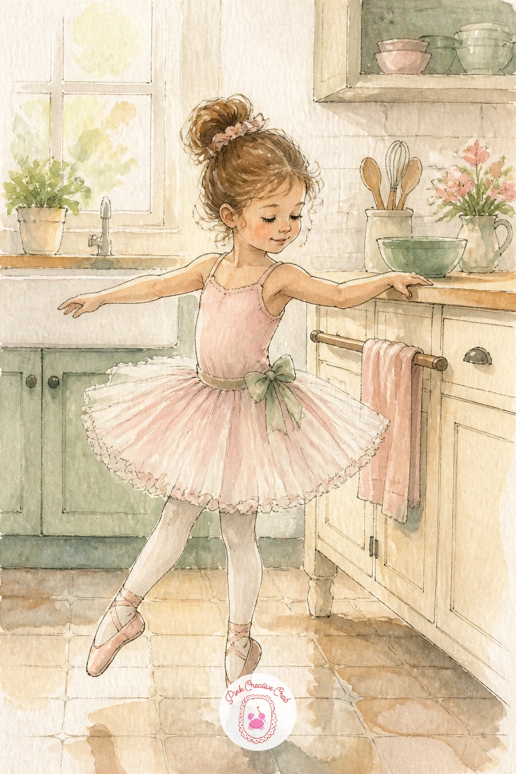 Little Ballerina Practicing In The Kitchen — Bring the dance indoors with a little ballerina practicing in the kitchen, a pose that depends on getting one