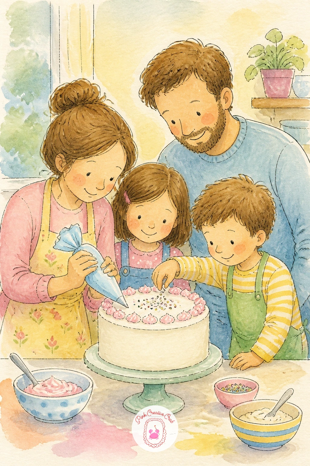 Family Decorating A Cake — Return to the kitchen for a family decorating a cake, a scene with several figures gathered around one shared focal point.