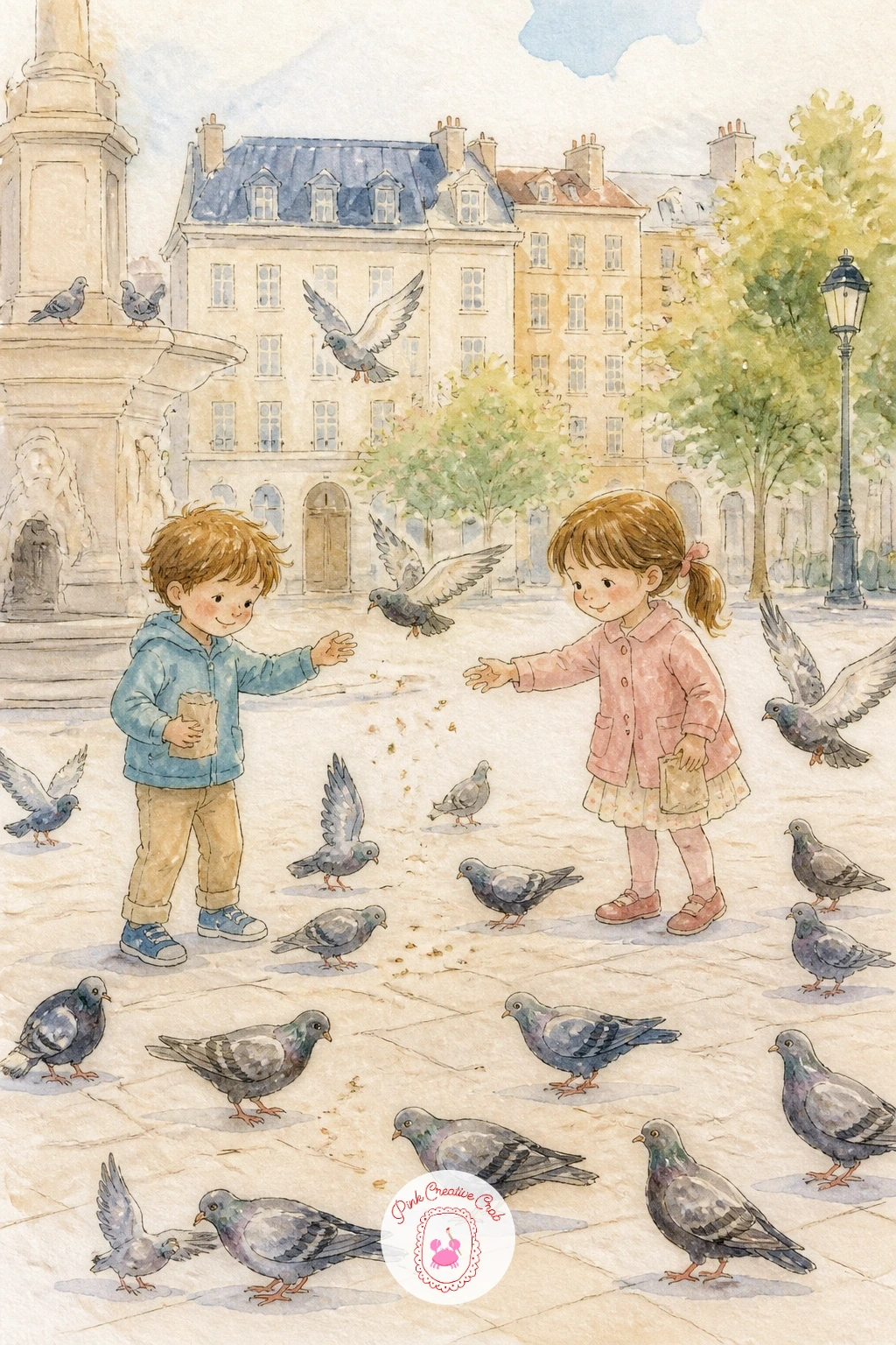 Children Feeding Pigeons In A Square — Step out to a city square for children feeding pigeons in a square, a scene with a flock of small birds to scatter