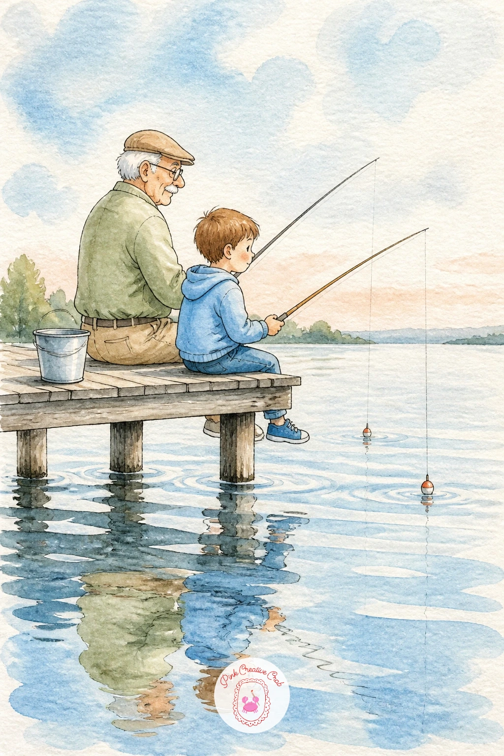 Boy And Grandpa Fishing From A Pier — Head to the water for a boy and grandpa fishing from a pier, a scene where the reflection in the water does most of the