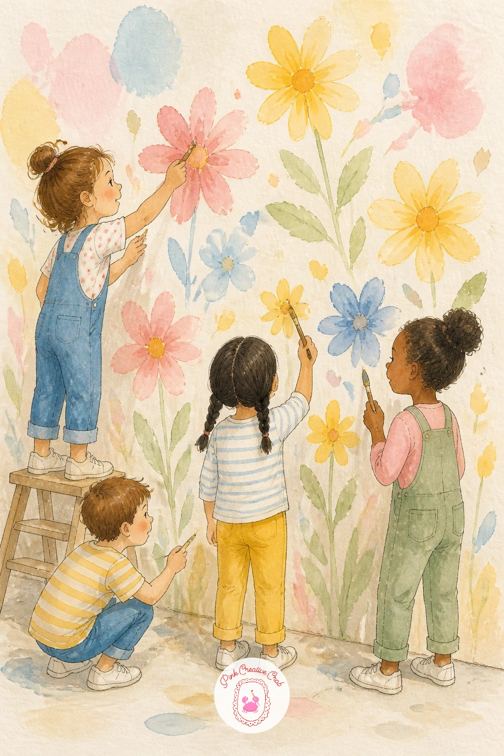 Girl Painting A Mural With Friends — Celebrate making art itself with a girl painting a mural with friends, a scene bright with color against a plain wall.