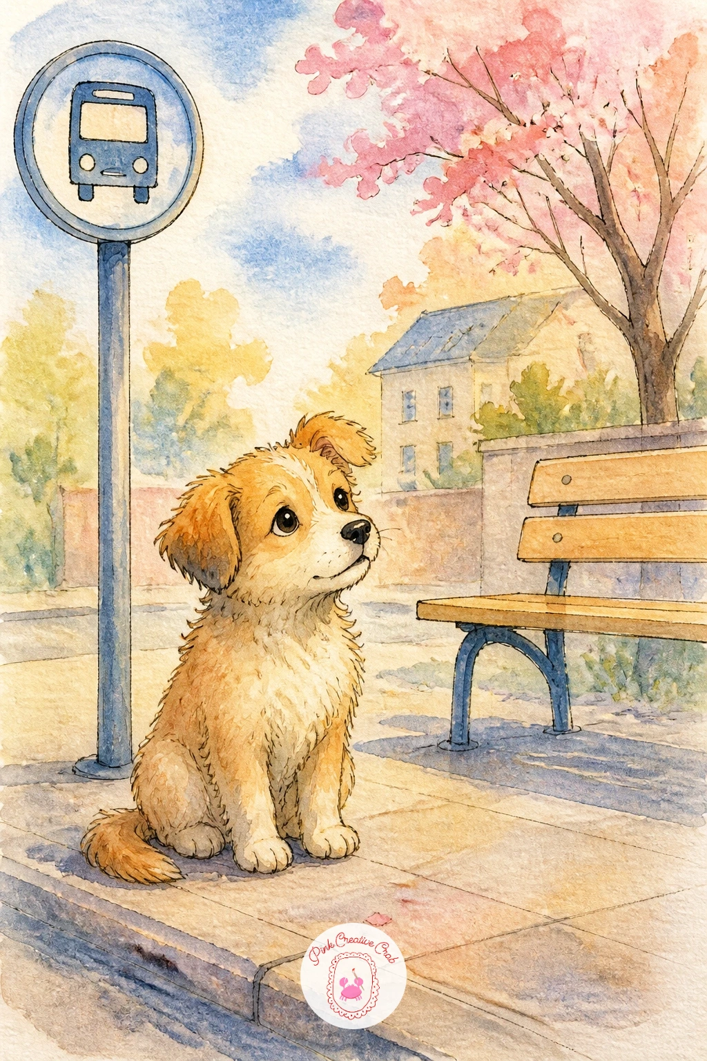 Puppy Waiting At A Bus Stop — Bring in a little solo charm with a puppy waiting at a bus stop, a small and quick single-subject scene. Watercolor illustration