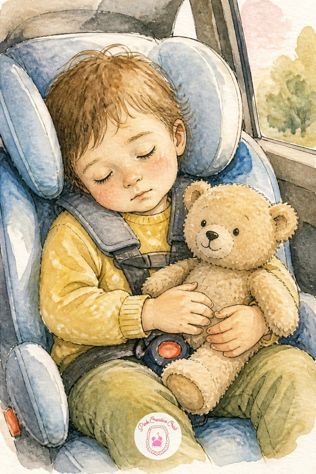 Child Asleep In A Car Seat With A Teddy — Slow the pace down with a child asleep in a car seat with a teddy, a tender close-up scene built from soft, rounded