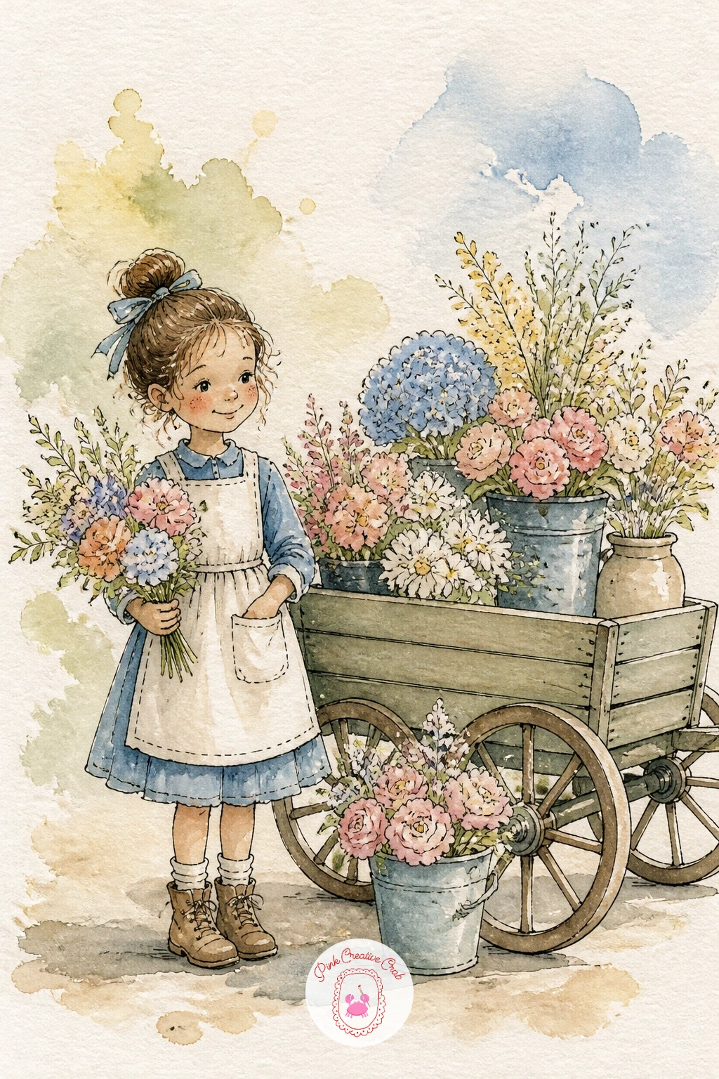 Girl Selling Flowers From A Wagon — Add a splash of color with a girl selling flowers from a wagon, a scene built around a small cluster of bright blooms.
