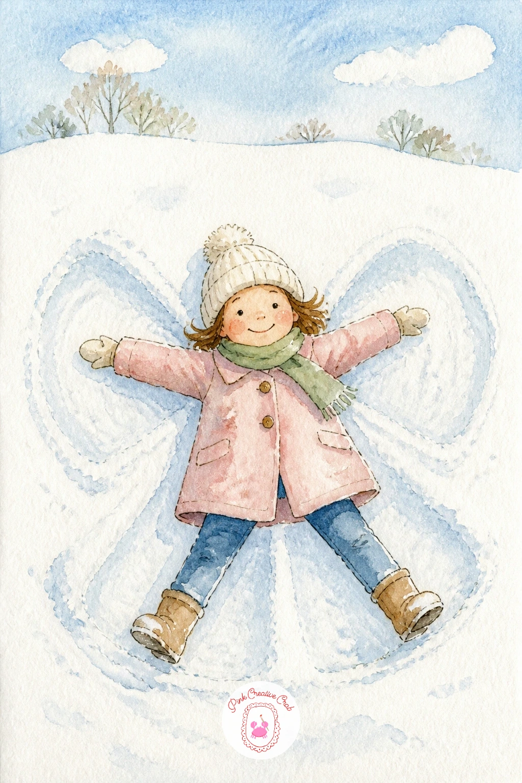 Kid Making Snow Angels — Head back outside for a kid making snow angels, a winter scene that relies on reserved white paper more than any paint at all.