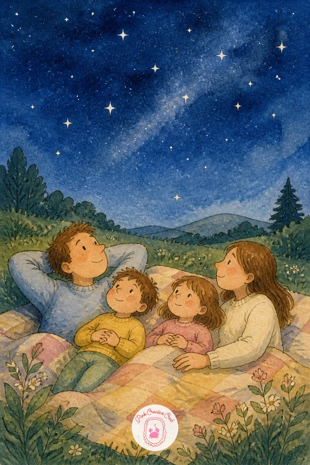 Family Watching The Stars On A Blanket — Slow back down with a family watching the stars on a blanket, a scene where the night sky does most of the emotional