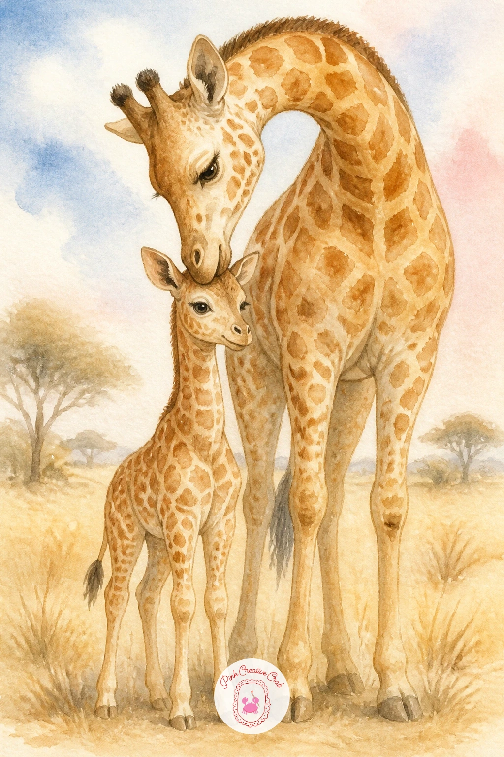 Baby Giraffe With Its Mother — Start the whole list with the pairing that sells every giraffe nursery print: a baby giraffe pressed close to its mother.