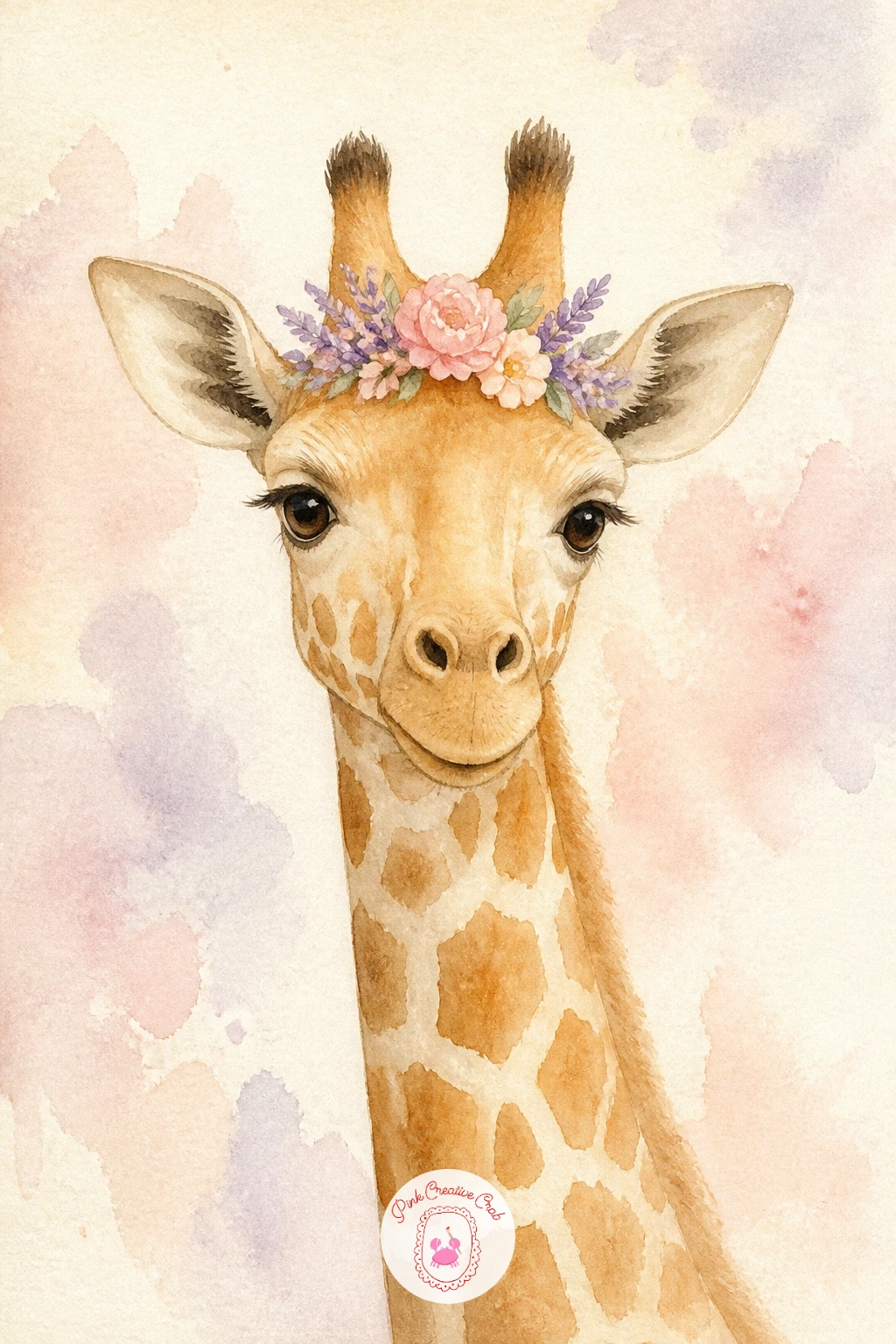 Giraffe Wearing a Flower Crown — Give the giraffe a sweet accessory next: a small flower crown sitting between its ears. Watercolor giraffe