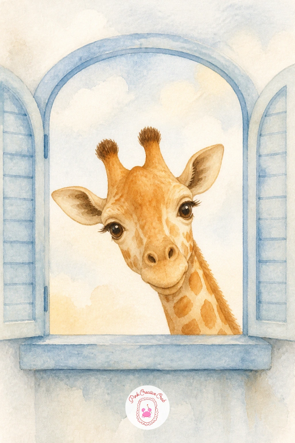 Giraffe Peeking Over a Window — Move from a portrait to a little scene: a giraffe peeking over a window ledge as if it wandered right up to the nursery.